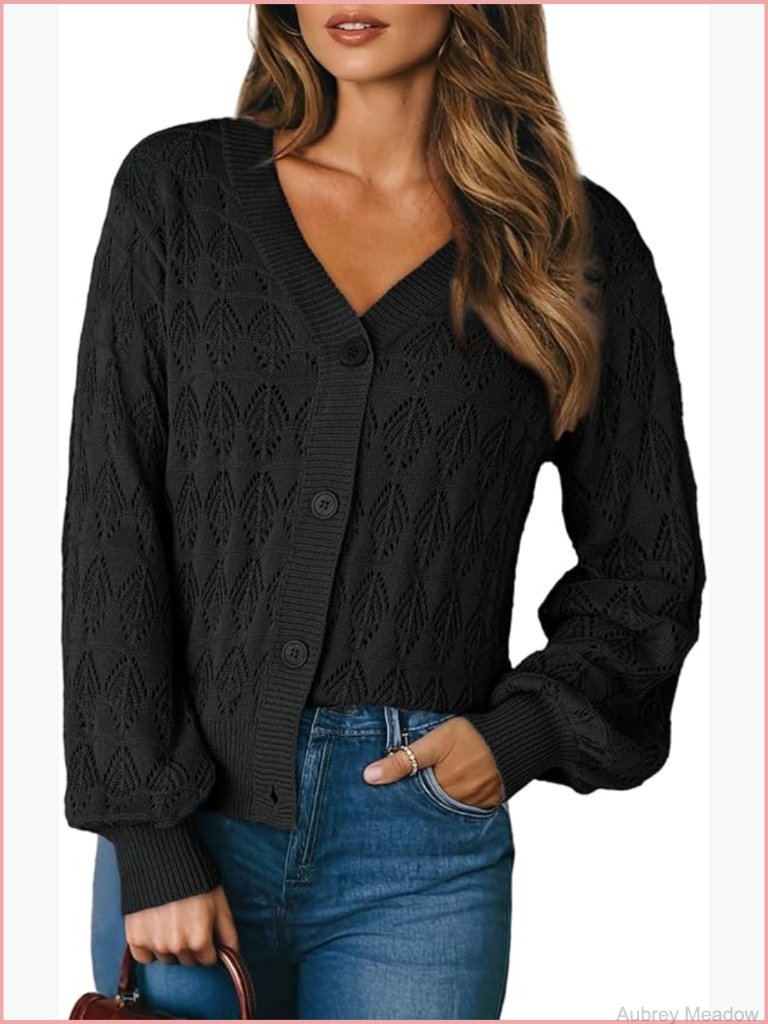 Crochet Knit V-Neck Cardigan Sweater Long Sleeve Button Front